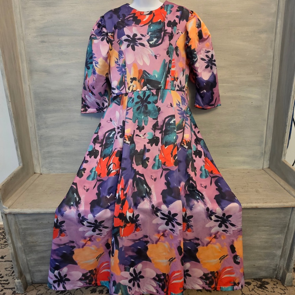 N by Nancy Vibrant Multicolor Floral Pleated Aline Full Length Dress Large GC